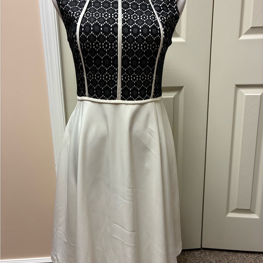 Belle Badgley Mischka Size 6 Elegant Black and Ivory Midi Dress